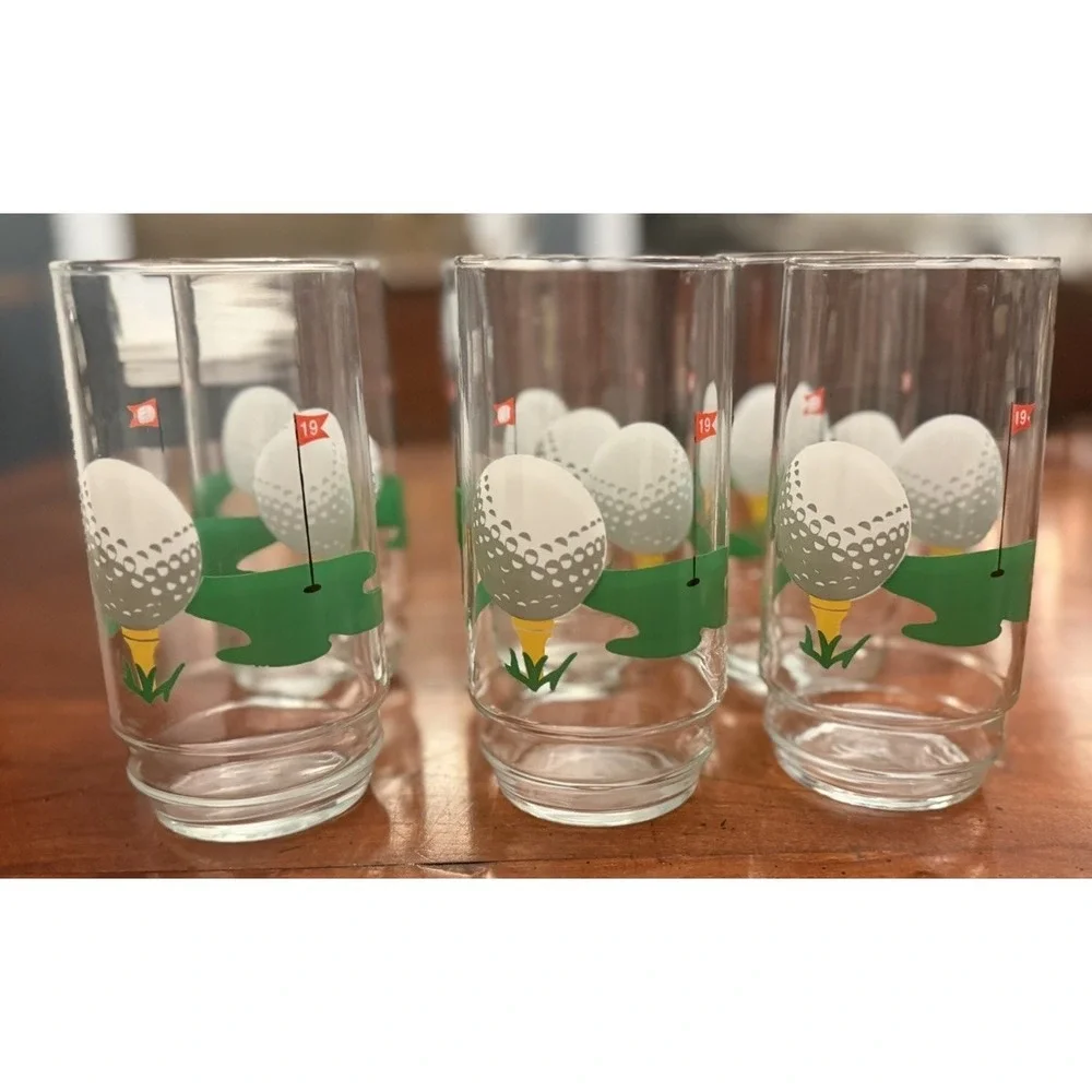 Vintage Indiana Glass 19th Hole Golf Highball Glasses Set of 6 Tumblers 16oz Bar